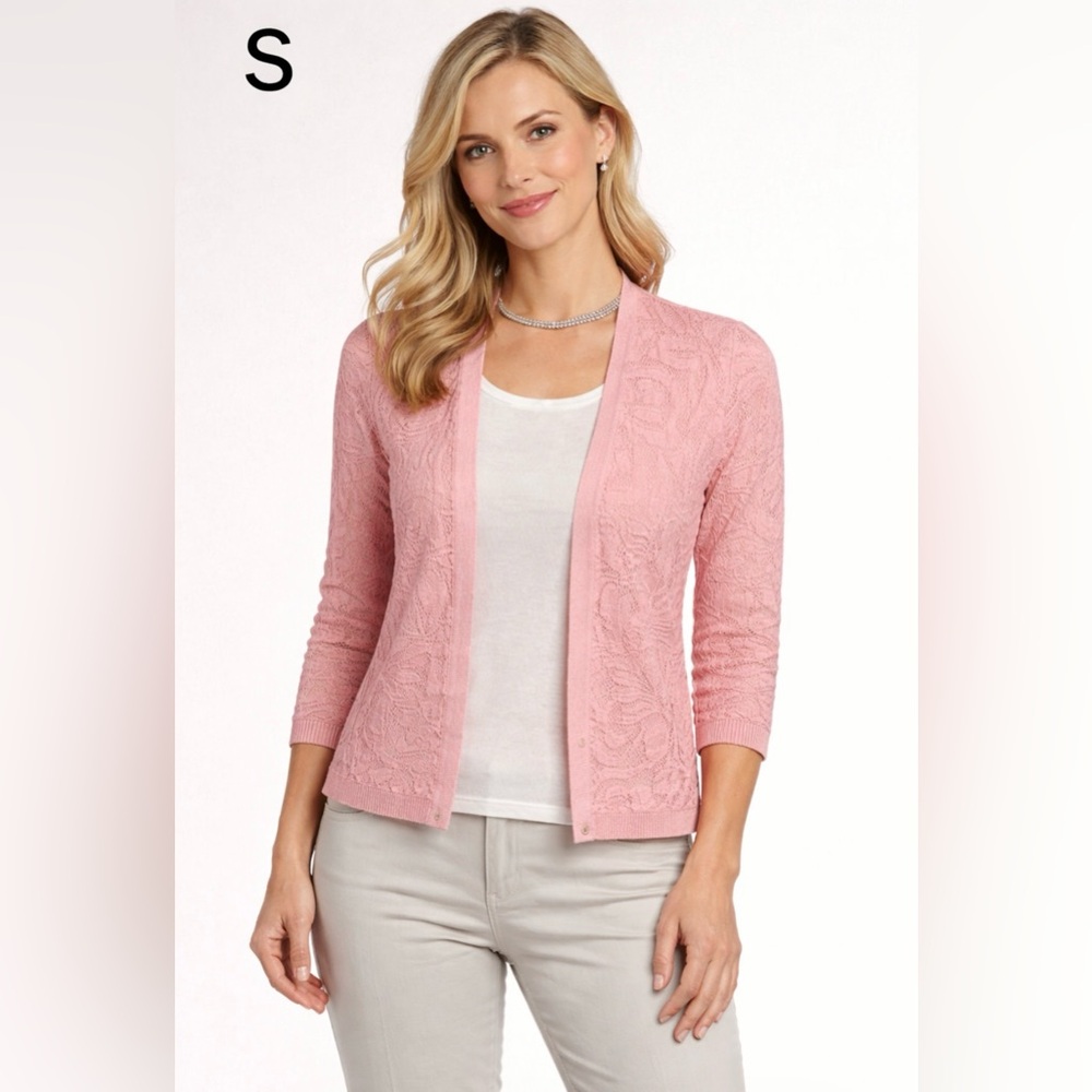 ALFRED DUNNER Cardigan and Knit Top Attached Sz Small Pink White Lovely Pattern